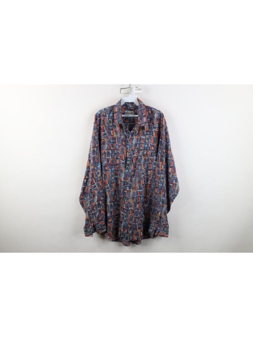 Vintage 90s Silk Collared Button Shirt Mens Size L Rainbow Checked Long Sleeve